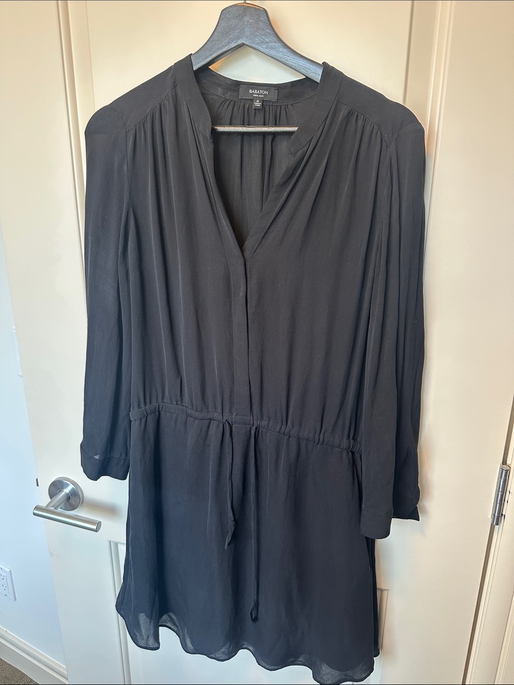 Babaton Black Long-Sleeve V-Neck Tunic Dress with Drawstring